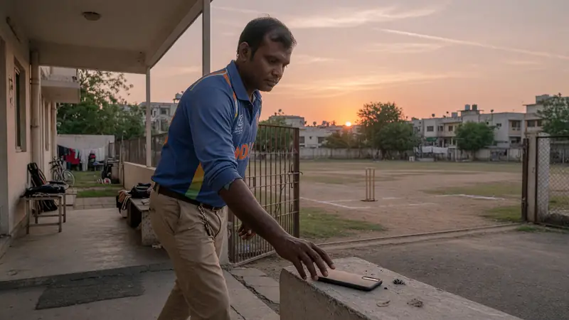 Adult stepping away from a phone toward a quiet neighborhood ground